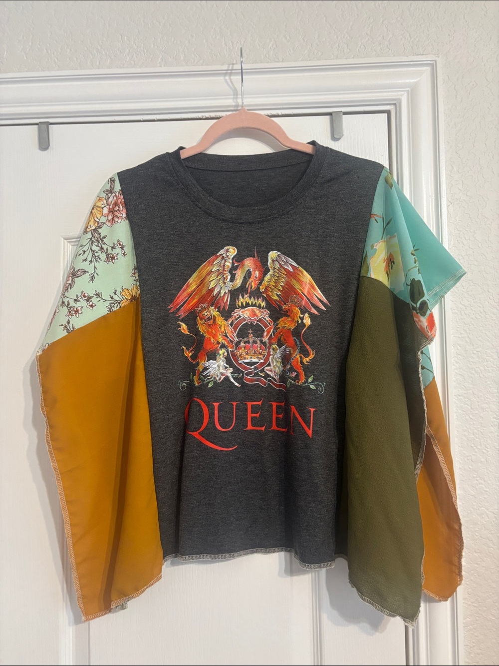 Women’s Queen Patchwork Graphic poncho- Charcoal with Mustard & Teal Accents